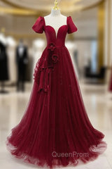 Burgundy Tulle Short Sleeve Backless Pleats Evening Prom Dresses
