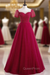 Burgundy Tulle Short Sleeve Scoop Neck Evening Prom Dresses