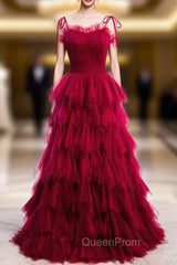 Burgundy Tulle Spagehtti Straps Pleats Tiers Evening Prom Dresses