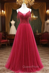 Burgundy Tulle Spaghetti Straps Beading Evening Prom Dressess