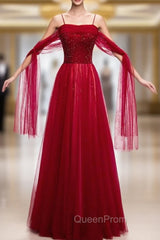 Burgundy Tulle Spaghetti Straps Beading Sequins Evening Prom Dresses