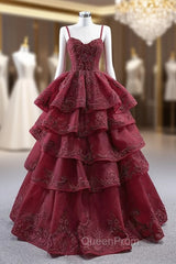 Burgundy Tulle Spaghetti Straps Beading Tiers Evening Prom Dresses