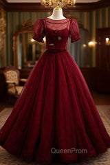 Burgundy Tulle Spaghetti Straps Evening Prom Dresses With Detachable Top