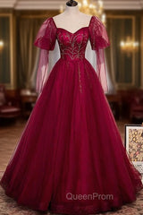 Burgundy Tulle Square Long Sleeve Beading Evening Prom Dresses