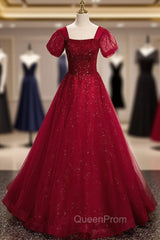 Burgundy Tulle Square Puff Sleeve Beading Evening Prom Dresses