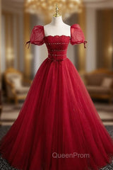 Burgundy Tulle Square Puff Sleeve Pleats Beading Evening Prom Dresses