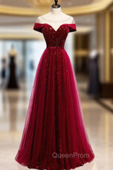 Burgundy Tulle Star Sequins Cap Sleeve Evening Prom Dresses