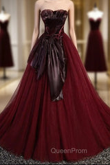 Burgundy Tulle Strapless Pleats Bow Evening Prom Dresses