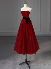 Burgundy Tulle Strapless Tea Length Prom Dress