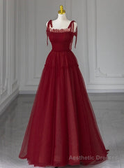 Burgundy Tulle Straps Beading Prom Dress
