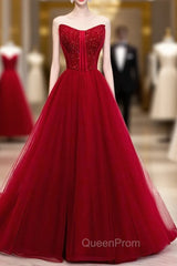 Burgundy Tulle Sweetheart Beading Long Evening Prom Dresses