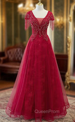 Burgundy Tulle V-neck Cap Sleve Beading Evening Prom Dresses