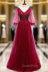 Burgundy Tulle V-neck Puff Sleeve Beading Evening Prom Dresses