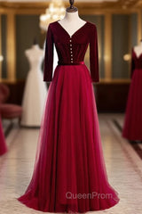 Burgundy Tulle Velvet Long Sleeve Pleats Evening Prom Dresses