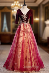 Burgundy Tulle Velvet Sequins V-neck Short Sleeve Evening Prom Dresses