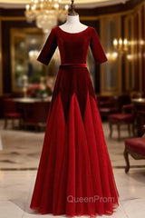 Burgundy Tulle Velvet Short Sleeve Evening Prom Dresses