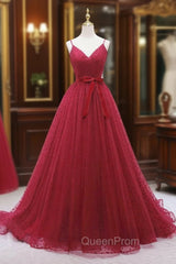 Burgundy Tulle Wave Point Evening Prom Dresses