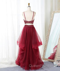 Burgundy two pieces beads long Evening Prom Dresses, burgundy evening Dresses