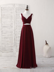 Burgundy Two Pieces Chiffon Long Prom Dress, Evening Dress