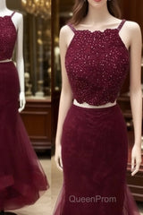 Burgundy Two Pieces Lace Tulle Long Evening Prom Dresses