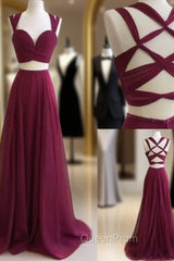 Burgundy Two Pieces Long Evening Prom Dresses, Burgundy Evening Dresses