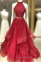 Burgundy Two Pieces Tulle Lace Long Evening Prom Dresses, Lace Evening Dresses