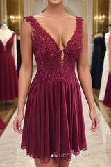 Burgundy v neck chiffon lace short Evening Prom Dresses, homecoming Dresses