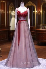 Burgundy V Neck Lace Floral Long Evening Prom Dresses, Burgundy V Neck Long Evening Dresses