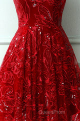 Burgundy v neck lace high low Evening Prom Dresses lace formal Dresses