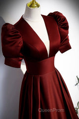 Burgundy V-Neck Satin Long Evening Prom Dresses, Simple Short Sleeve Evening Party Dresses