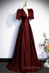 Burgundy V-Neck Satin Long Evening Prom Dresses, Simple Short Sleeve Evening Party Dresses
