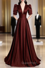 Burgundy V-Neck Satin Long Evening Prom Dresses, Simple Short Sleeve Evening Party Dresses