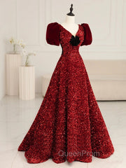Burgundy V Neck Sequin Long Evening Prom Dresses, Burgundy Evening Dresses