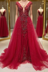 Burgundy v neck tulle beads long Evening Prom Dresses, burgundy evening Dresses