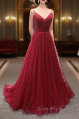 Burgundy V-Neck Tulle Long Evening Prom Dresses, A-Line Backless Evening Party Dresses