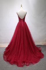 Burgundy V-Neck Tulle Long Evening Prom Dresses, A-Line Backless Evening Party Dresses