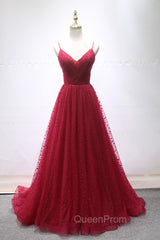 Burgundy V-Neck Tulle Long Evening Prom Dresses, A-Line Backless Evening Party Dresses