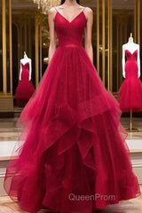 Burgundy v neck tulle long Evening Prom Dresses, burgundy evening Dresses