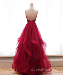 Burgundy v neck tulle long Evening Prom Dresses, burgundy evening Dresses
