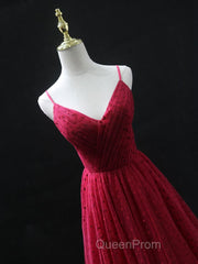 Burgundy v neck tulle long Evening Prom Dresses, burgundy tulle formal Dresses