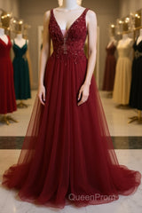 Burgundy v neck tulle sequin lace long Evening Prom Dresses