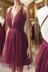 Burgundy v neck tulle short Evening Prom Dresses burgundy homecoming Dresses