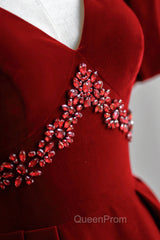 Burgundy V-Neck Velvet Long Evening Dresses, A-Line Short Sleeve Evening Dresses