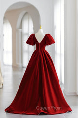 Burgundy V-Neck Velvet Long Evening Dresses, A-Line Short Sleeve Evening Dresses