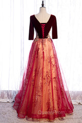 Burgundy V-Neck Velvet Tulle Long Evening Prom Dresses, A-Line 1/2 Sleeve Evening Dresses