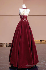 Burgundy Velvet Beaded Long Prom Dress, Elegant A-Line Evening Party Dress