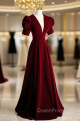 Burgundy Velvet Deep V-neck Puff Sleeve Evening Prom Dresses