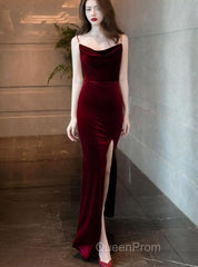 Burgundy Velvet Floor Length Mermaid Evening Prom Dresses, Velvet Bridesmaid Dresses