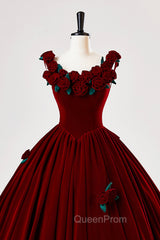 Burgundy Velvet Floor Length Evening Prom Dresses, A-Line Evening Party Dresses With Flowers