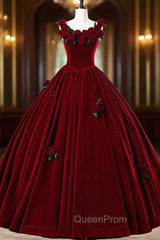 Burgundy Velvet Floor Length Evening Prom Dresses, A-Line Evening Party Dresses With Flowers